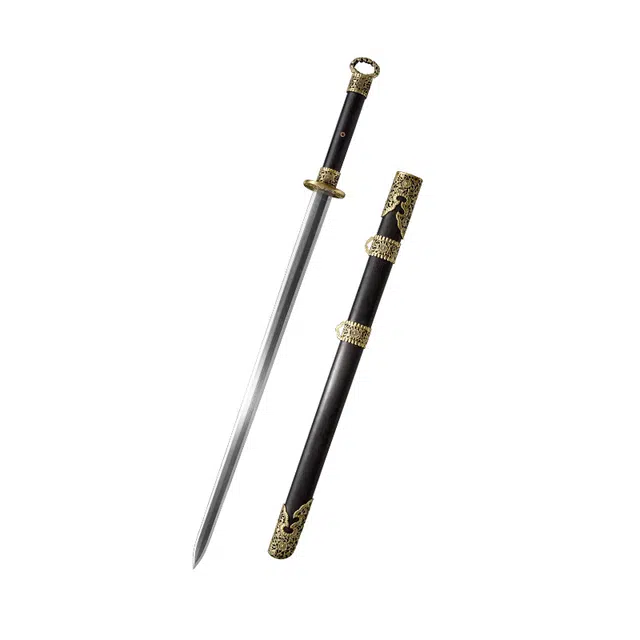 天子剑 木兰环首剑 黑檀木实木剑鞘黄铜镂空工艺装饰 百炼花纹钢八面剑身 未开刃摆件收藏工艺品 成品模型