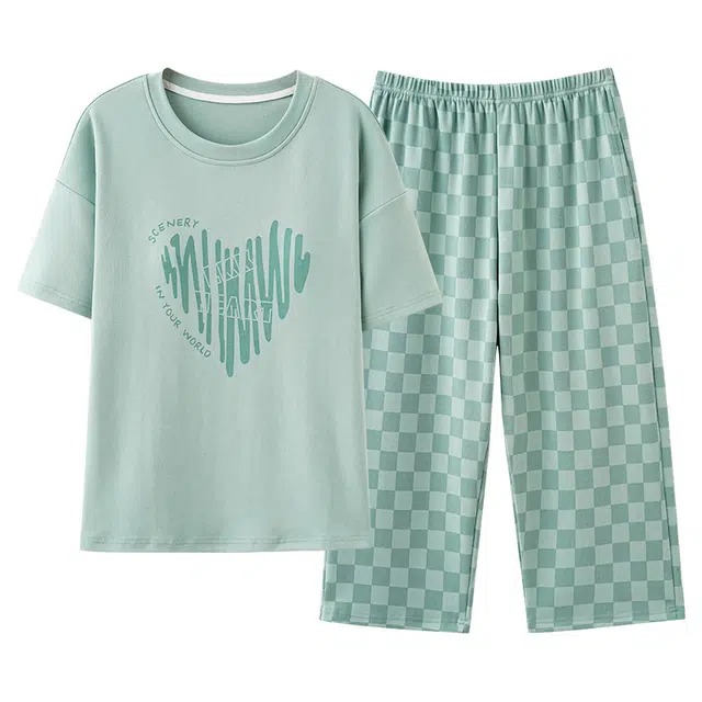 帕兰朵 圆领套头宽松短袖睡衣套装 女款 湖蓝色