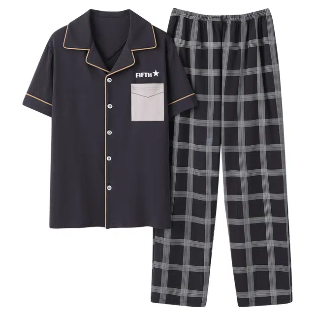 睦隆世家 简约口袋上衣时尚经典短袖格仔英伦风休闲可外穿亲肤长裤夏季睡衣套装 男款 深棕色