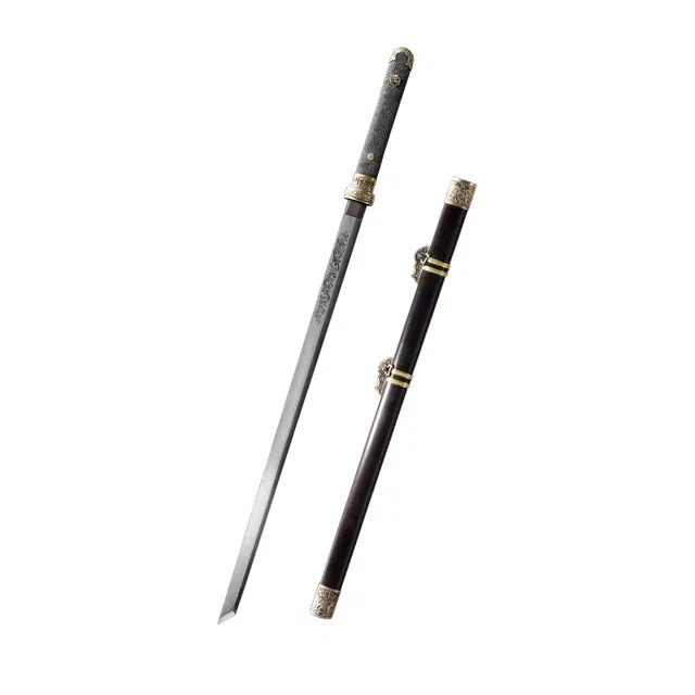 天子剑 黑影唐刀 黑檀木实木鞘珍珠颗粒鱼皮手柄百炼花纹钢覆土烧刃刀身 未开刃 成品模型