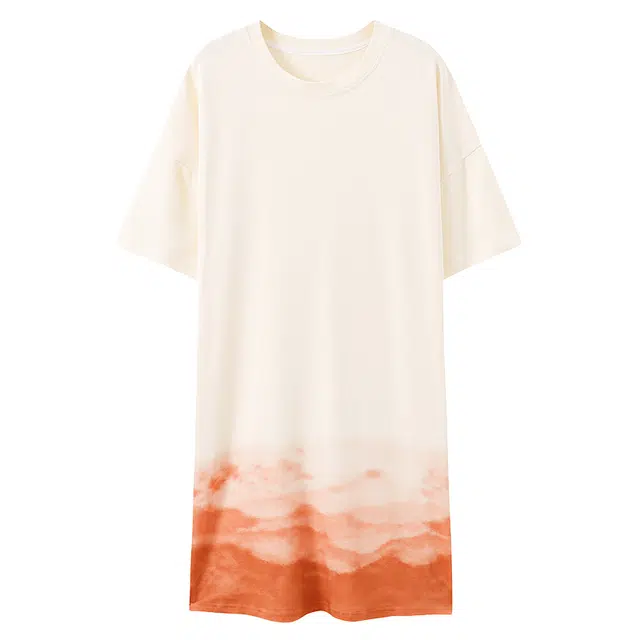 贴身领域 渐变水墨印花纯棉圆领套头短袖休闲可外穿睡衣夏季睡裙 女款 杏色