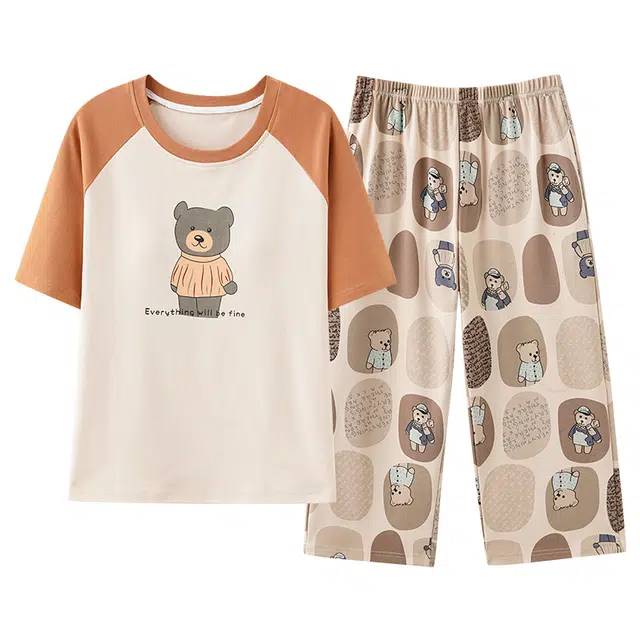 雅鹿 撞色插肩袖小熊上衣满印透气七分裤睡衣套装 女款 桔色