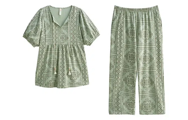 歌倩雅 薄款时尚民族风短袖长裤家居服夏季睡衣套装 女款 绿色