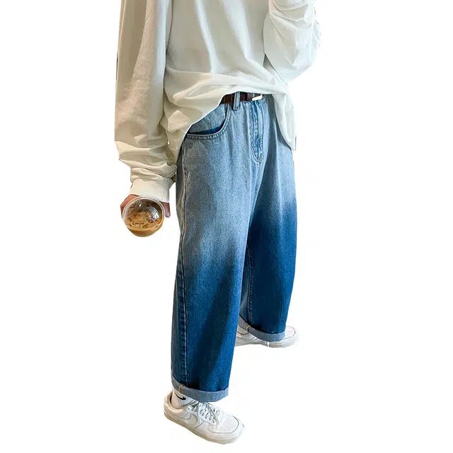 雅鹿 渐变薄款美式复古垂坠感直筒宽松阔腿休闲牛仔裤 男女同款