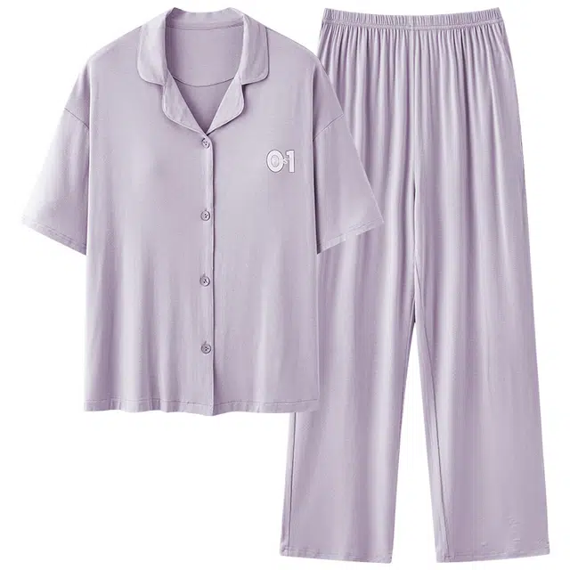 帕兰朵 开衫翻领带胸垫短袖长裤简约莫代尔家居服夏季睡衣套装 女款