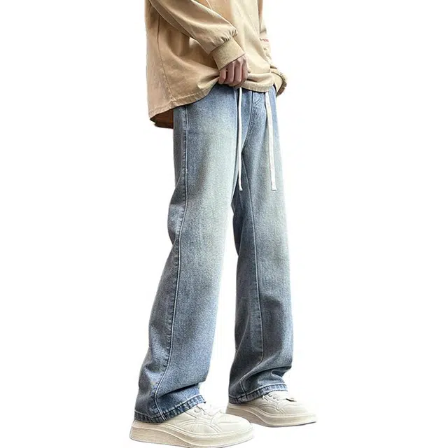 雅鹿 宽松阔腿水洗耐磨美式复古微喇牛仔裤 男款