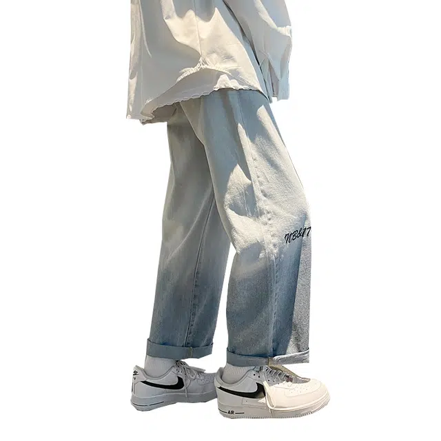 雅鹿 美式高街渐变宽松直筒阔腿休闲牛仔裤 男女同款