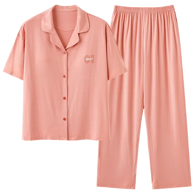 帕兰朵 开衫翻领带胸垫短袖长裤简约莫代尔家居服夏季睡衣套装 女款