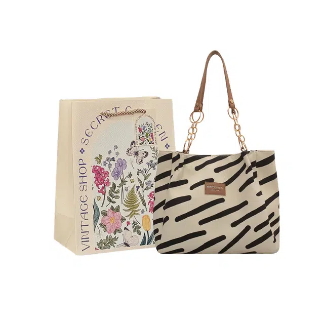 爱尔绅特 斑马纹托特包包 休闲简约百搭女包 帆布 帆布包单肩手提包 常规 女款 白色