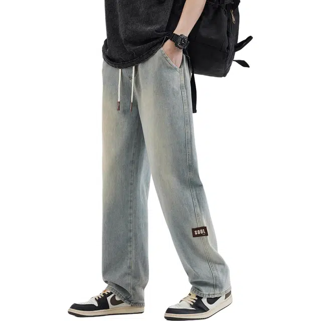 雅鹿 复古水洗做旧直筒休闲百搭宽松抽绳牛仔裤 男款 浅黄泥