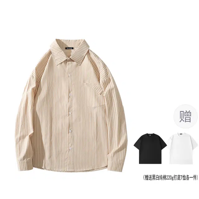 八哥 美式基础款蓝白条纹慵懒学院风百搭宽松大码肌理感短袖内搭长袖外穿衬衫外套 男女同款