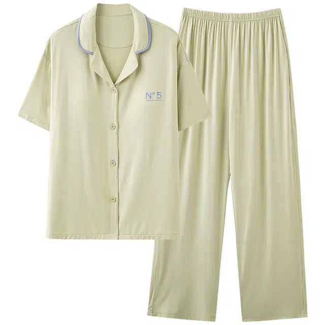 帕兰朵 开衫翻领带胸垫短袖长裤简约莫代尔家居服夏季睡衣套装 女款