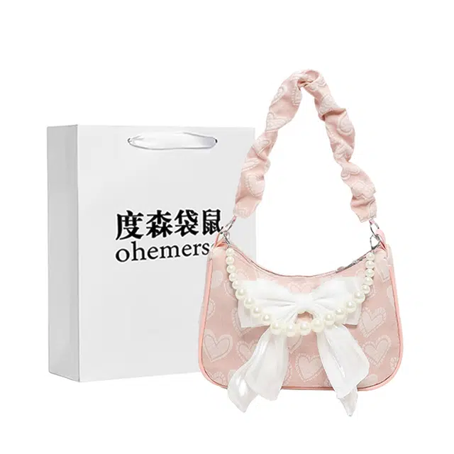 度森袋鼠 小众设计甜美风蝴蝶结时尚百搭 布 单肩包 女款 黑色/白色/粉红色