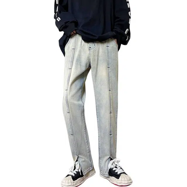 雅鹿 水洗做旧拼接开叉个性高街宽松直筒百搭休闲牛仔裤 男女同款