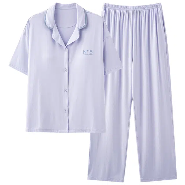 帕兰朵 开衫翻领带胸垫短袖长裤简约莫代尔家居服夏季睡衣套装 女款