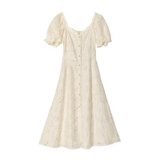 花栗鼠小姐 纯色方领长款收腰休闲短袖连衣裙 女款 中古花园