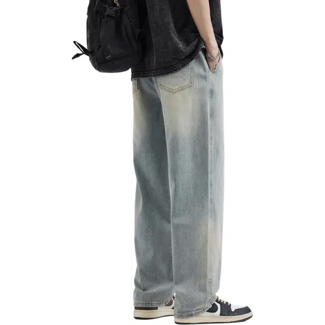 雅鹿 复古水洗做旧直筒休闲百搭宽松抽绳牛仔裤 男款 浅黄泥