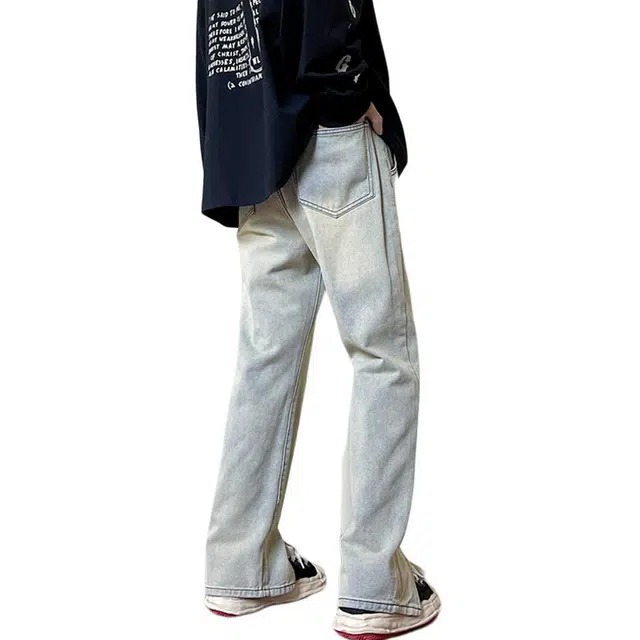 雅鹿 水洗做旧拼接开叉个性高街宽松直筒百搭休闲牛仔裤 男女同款