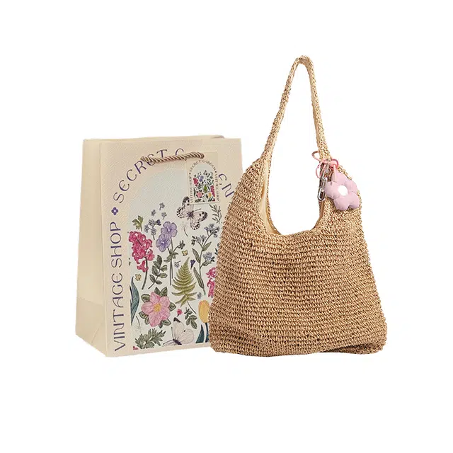 爱尔绅特 草编 夏 海边度假沙滩大容量 森系 草 单肩手提包 女款 米白色/卡其色