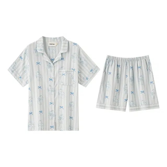 侘町 蝴蝶结猫咪卡通系列 纯棉短袖休闲小众甜美睡衣套装 女款 简约蓝白 春夏季