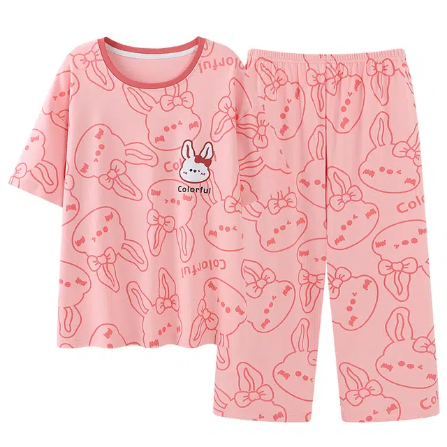帕兰朵 带胸垫女夏季纯棉短袖七分裤可爱卡通一体式家居服睡衣套装 女款