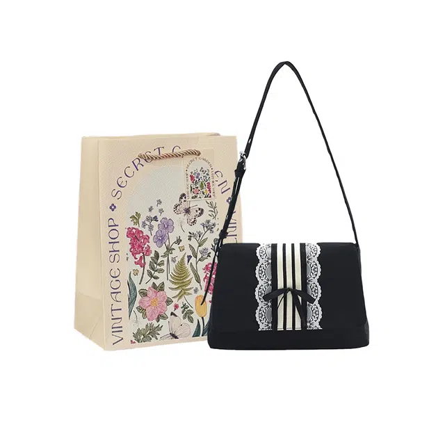 爱尔绅特 韩风撞色 条纹 蕾丝边 尼龙 斜挎单肩手提包 女款 黑色