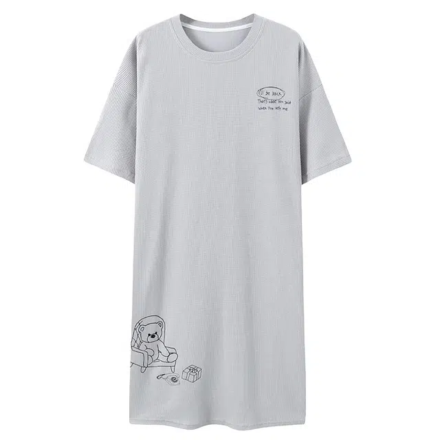 贴身领域 卡通熊印花华夫格薄款纯棉圆领套头短袖休闲可外穿睡衣睡裙 女款 灰色