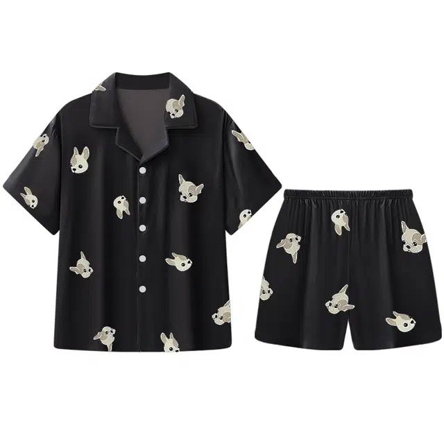 俏霓桐 卡通凉感短袖翻领松紧腰短裤睡衣套装 女款 法斗黑