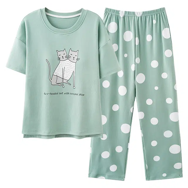 雅鹿 带胸垫简约短袖高级感家居服长裤睡衣套装 女款 青色