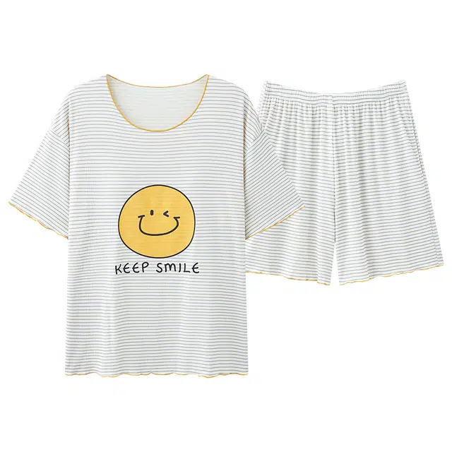 莫代尔 柔软舒适亲肤带胸垫防凸点高透气笑脸印花短袖弹力裤腰不勒腹短裤可居家休闲外穿睡衣套装 女款 黑白条纹