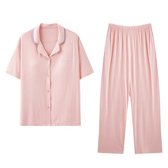 欧迪芬 凉感透气亲肤舒适翻领开衫短袖休闲纯色简约风睡衣套装 女款