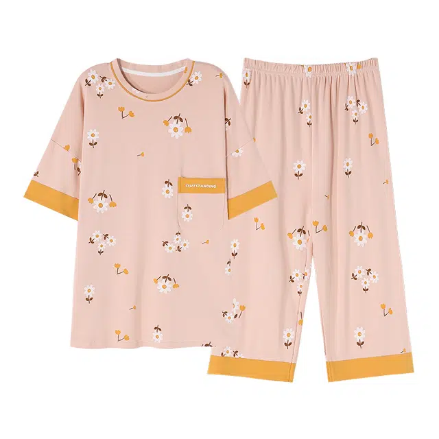 帕兰朵 圆领短袖松紧腰七分裤休闲可外穿睡衣套装 女款