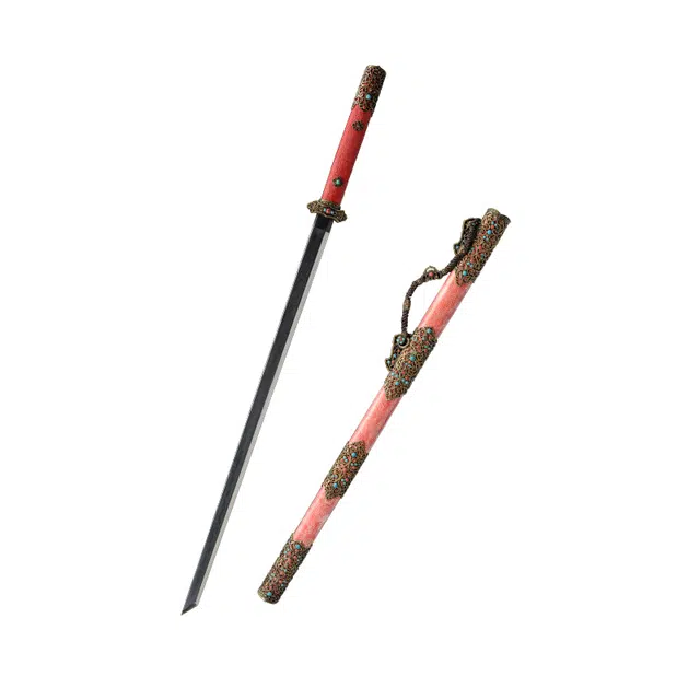 天子剑 炽焰唐刀 珍珠鱼皮 外鞘黄铜 镂空镶石装饰 百炼花纹钢覆 土烧刀身未开刃摆件 成品模型