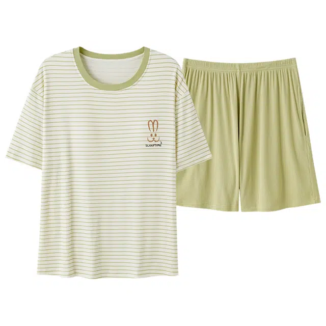 莫代尔 柔软舒适亲肤带胸垫防凸点高透气条纹印花短袖松紧裤腰不勒腹短裤可居家休闲外穿睡衣套装 女款 白色