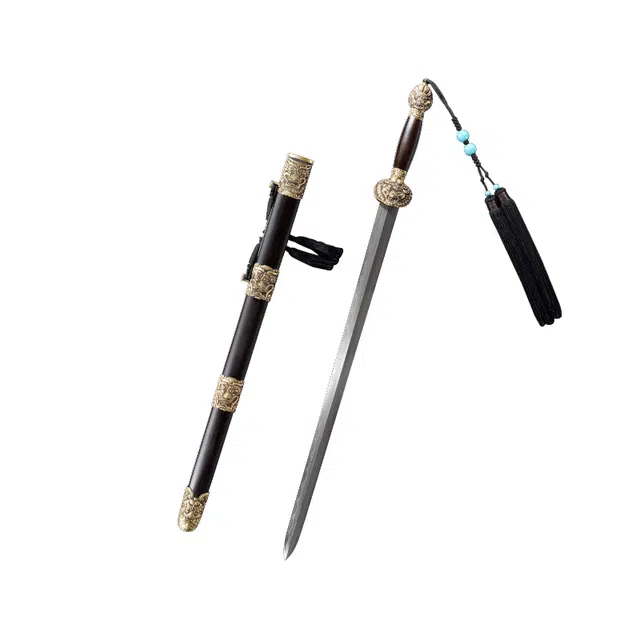 天子剑 鲲鹏剑黑檀木鞘 黄铜精雕装饰百炼花纹钢剑身覆土烧未开刃 摆件 成品模型