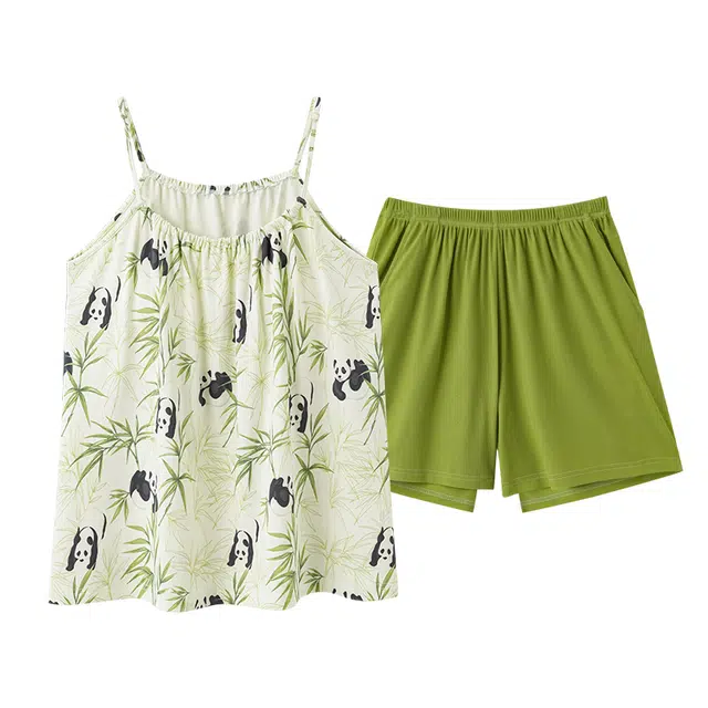 莫代尔 舒适亲肤高透气熊猫印花带胸垫防凸点肩带可调节吊带松紧裤腰不勒腹居家休闲可外穿睡衣套装 女款 白色