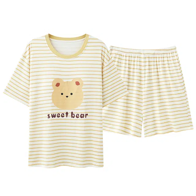 莫代尔 柔软舒适亲肤带胸垫防凸点高透气短袖弹力裤腰不勒腹休闲外穿五分裤夏季睡衣套装 女款 黄白条纹