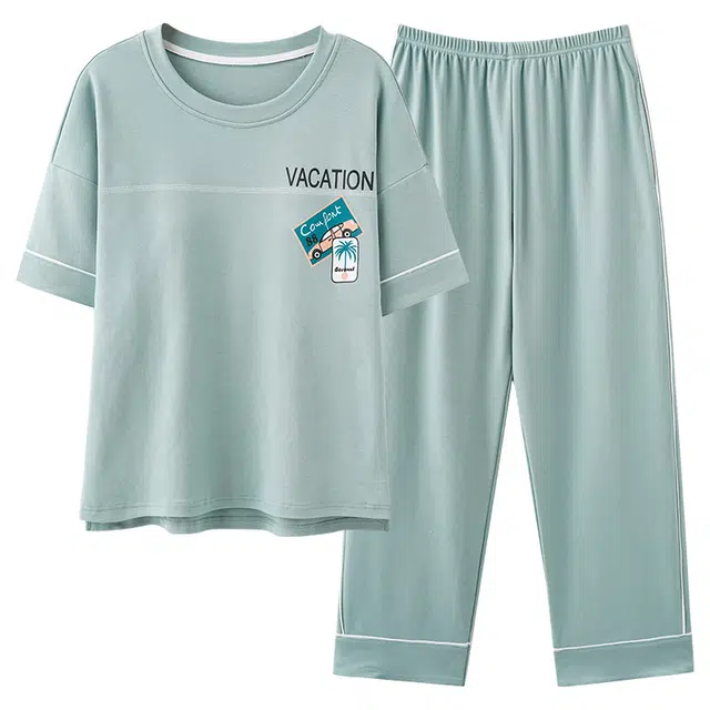 帕兰朵 带胸垫短袖长裤简约可爱家居服高级感睡衣套装 女款 天蓝色