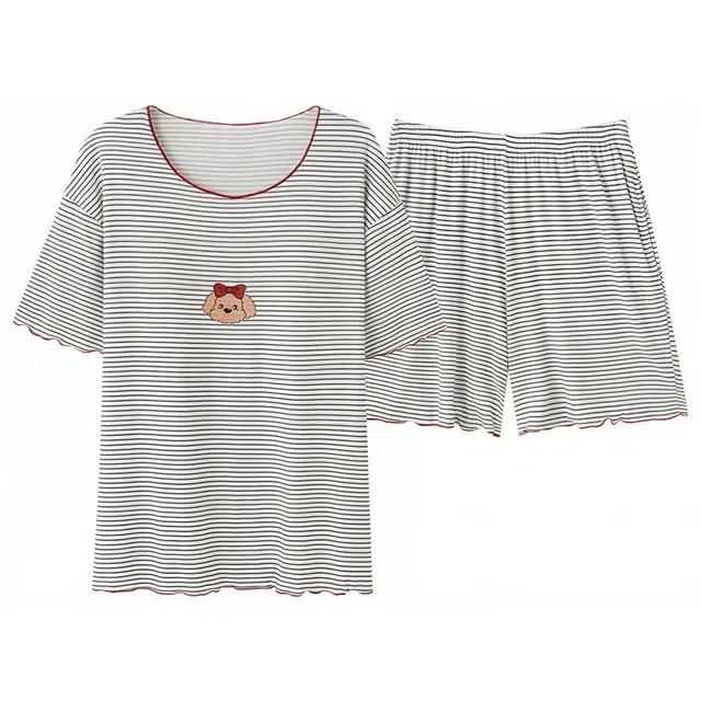 莫代尔 柔软舒适亲肤带胸垫防凸点高透气小狗印花短袖弹力裤腰不勒腹短裤可居家休闲外穿睡衣套装 女款 黑白条纹