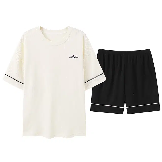 贴身领域 时尚字母圆领短袖带口袋可外穿薄款棉质休闲家居服三分裤睡衣套装 女款 图色