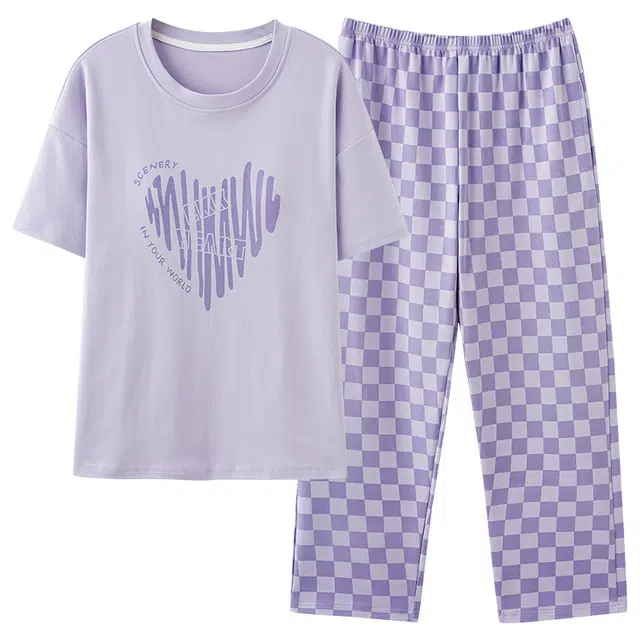 帕兰朵 带胸垫简约可爱宽松短袖夏季睡衣套装 女款 浅紫色