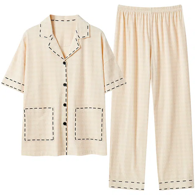 贴身领域 圆领短袖长裤可外穿薄款棉质休闲家居服睡衣套装 女款 图色