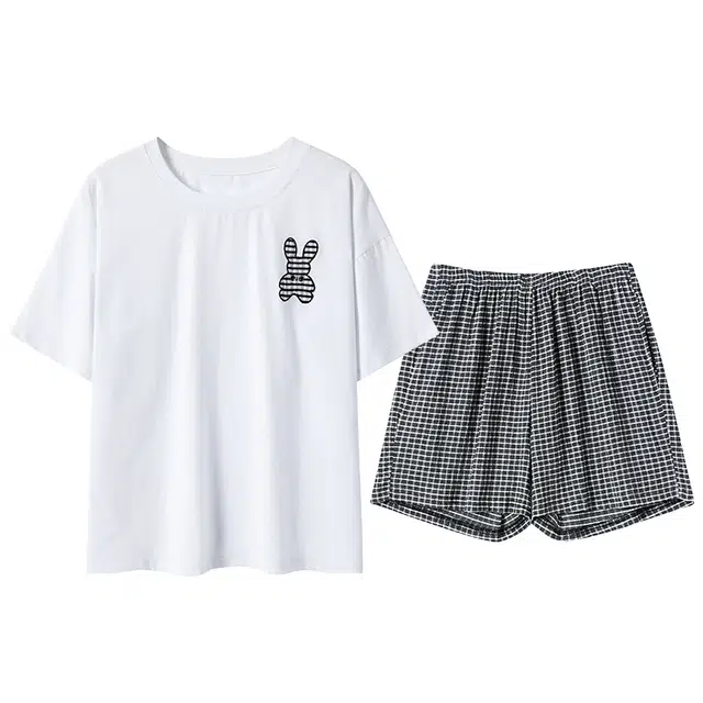 贴身领域 圆领简约舒适短袖上衣松紧腰三分裤睡衣套装 女款 白色