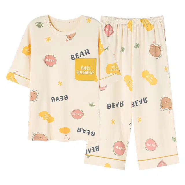 帕兰朵 带胸垫短袖七分裤休闲可外穿免穿文胸家居服夏季睡衣套装 女款