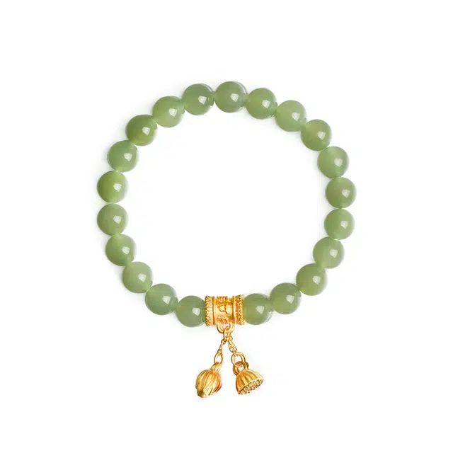 佐卡伊 六字真言两世欢黄金莲蓬 足金和田玉 手串 女款 青玉