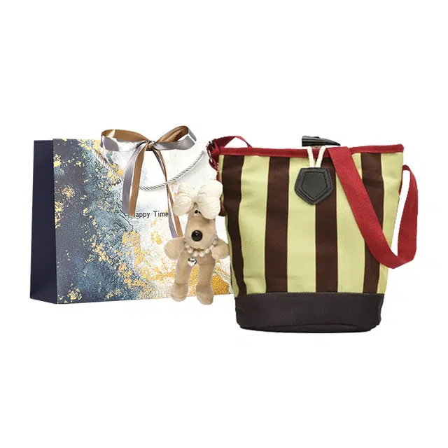 伊曼家 时尚复古条纹包包通勤小众设计斜挎水桶包韩版高级感逛街包 帆布 帆布包单肩包 女款 绿色/咖色