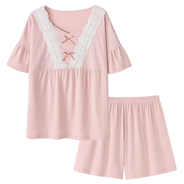 莫代尔 柔软舒适亲肤高透气胸前蝴蝶结短袖弹力裤腰不勒腹短裤可居家休闲外穿睡衣套装 女款 淡粉色