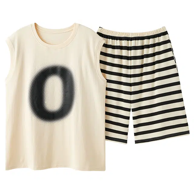 俏霓桐 简约舒适亲肤无袖背心家居服可外穿休闲五分裤睡衣套装 男款 杏色