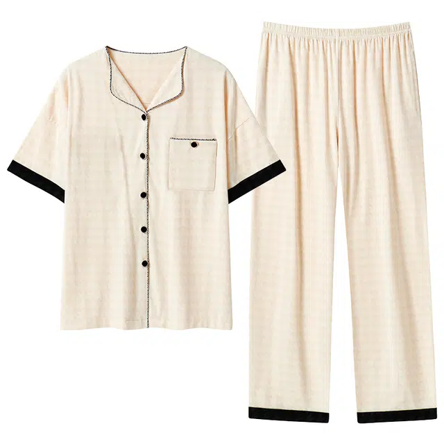 贴身领域 短袖长裤带口袋弹力可外穿棉质休闲家居服睡衣套装 女款 米黄色