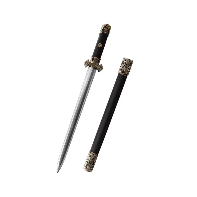 天子剑 盛世短兵 实木外鞘黄铜镂空装具百炼花纹钢剑身未开刃 成品模型